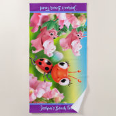 Perzikhanddoek Ladybug-bloemtuin. Paarse rand Strandlaken (Voorkant)