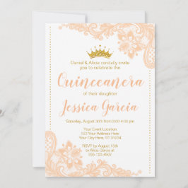 Perzikkant en glitter gouden prinses Quinceañera Kaart