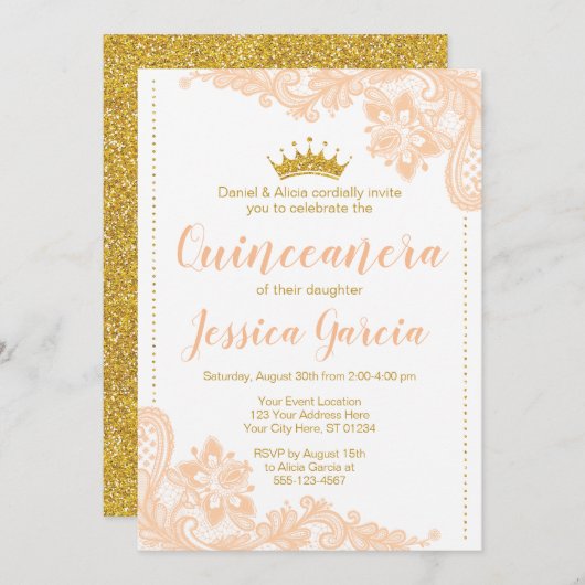 Perzikkant en glitter gouden prinses Quinceañera Kaart (Voorkant / Achterkant)