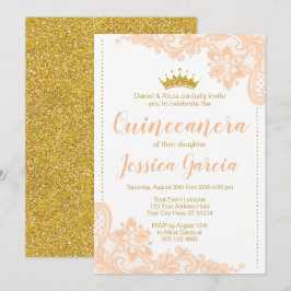Perzikkant en glitter gouden prinses Quinceañera Kaart