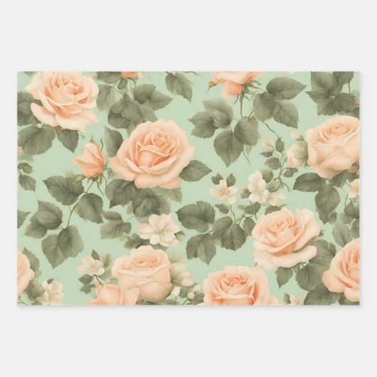 Perzikkleur Rozen op lichtgroene achtergrond Inpakpapier Vel (Voorkant 3)