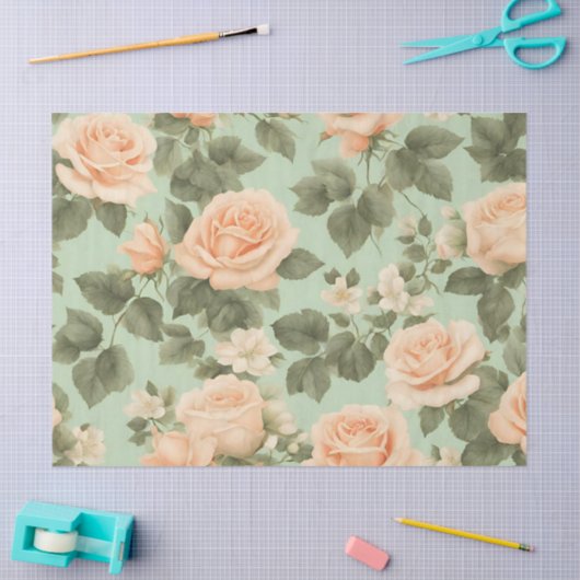 Perzikkleur Rozen op lichtgroene achtergrond Tissuepapier (Craft)