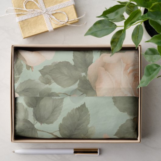 Perzikkleur Rozen op lichtgroene achtergrond Tissuepapier (Geschenk)