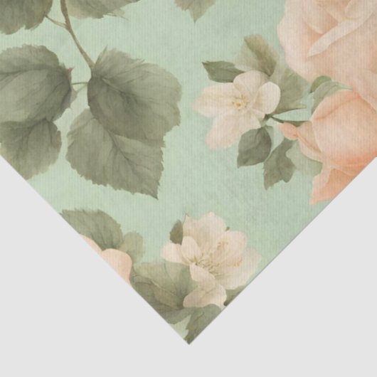 Perzikkleur Rozen op lichtgroene achtergrond Tissuepapier (Detail)