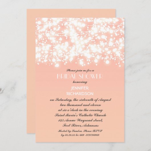 Perzikkleur String Lichten Bruids Douche Uitnodigi Kaart (Voorkant / Achterkant)