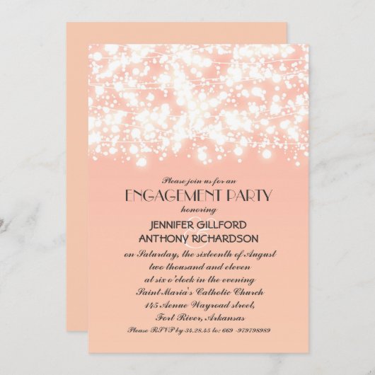 Perzikkleur String Lights Engagement Party Kaart (Voorkant / Achterkant)