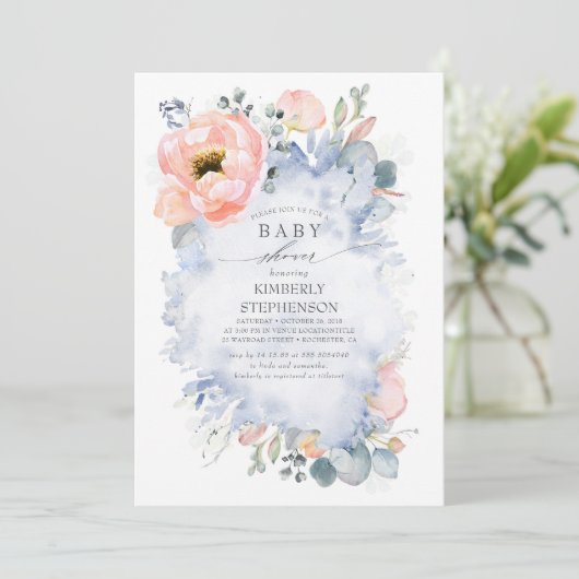 Perzikkleurig Baby shower Modern Dusty Blue Kaart (Staand voorkant)