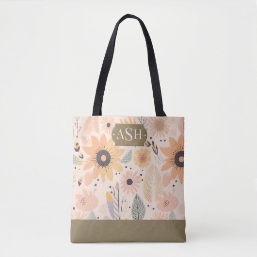 Perzikkleurig bloemmonogram tote bag (Voorkant)