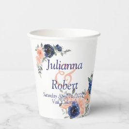 Perzikkleurig en blauw waterverf floreel bruiloft papieren bekers