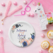 Perzikkleurig en blauw waterverf floreel trouwpapi papieren bordje (Feest)