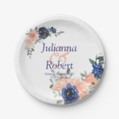 Perzikkleurig en blauw waterverf floreel trouwpapi papieren bordje (Voorkant)