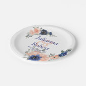 Perzikkleurig en blauw waterverf floreel trouwpapi papieren bordje (Gekanteld)