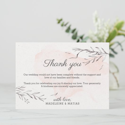 Perzikkleurig en grijs romantisch elegante bruilof bedankkaart (Staand voorkant)