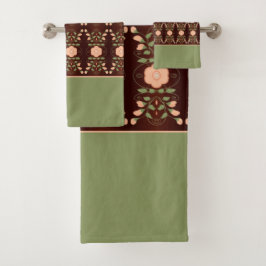 Perzikkleurig en groen met donkerbruin bad handdoek
