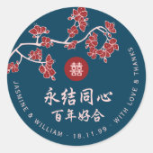 Perzikkleurig/pruimelbloesems Rood Dubbelgeluk Wed Ronde Sticker (Voorkant)