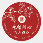 Perzikkleurig/pruimelbloesems Rood Dubbelgeluk Wed Ronde Sticker (Voorkant)