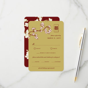 Perzikkleurig/pruimelbloesems Rood Dubbelgeluk Wed RSVP Kaartje