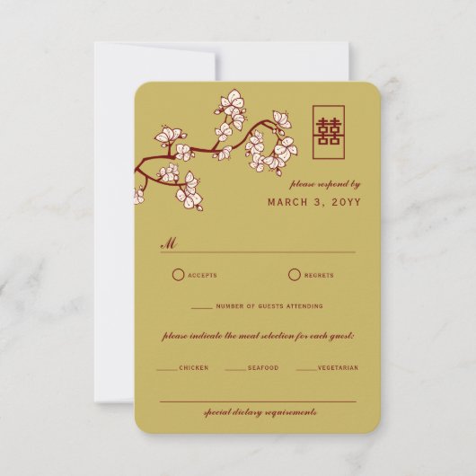 Perzikkleurig/pruimelbloesems Rood Dubbelgeluk Wed RSVP Kaartje (Voorkant)