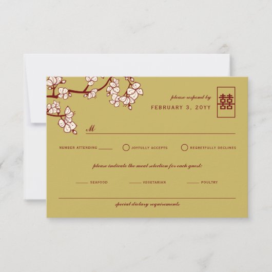 Perzikkleurig/pruimelbloesems Rood Dubbelgeluk Wed RSVP Kaartje (Voorkant)