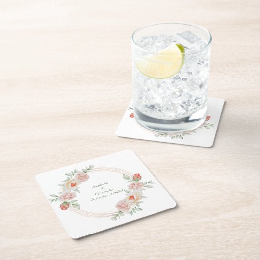 Perzikkleurig Roos Roze groene Floral Gold Lijst W Kartonnen Onderzetters (Insitu)