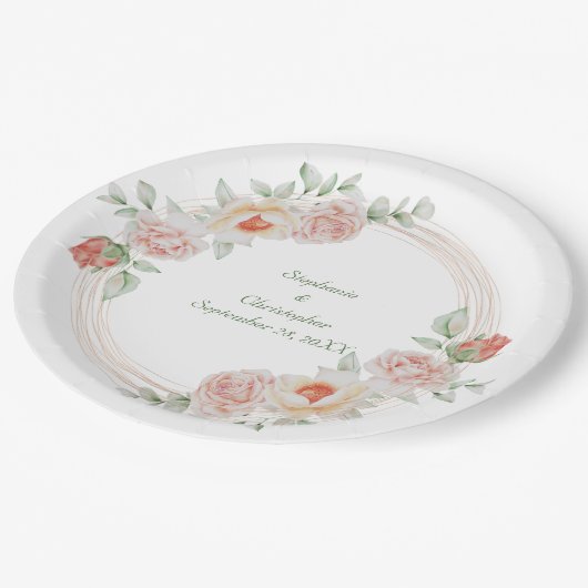 Perzikkleurig Roos Roze groene Floral Gold Lijst W Papieren Bordje (Gekanteld)