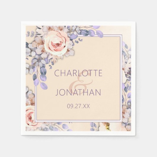 Perzikkleurige bloemenbruiloft papieren servetten (Voorkant)