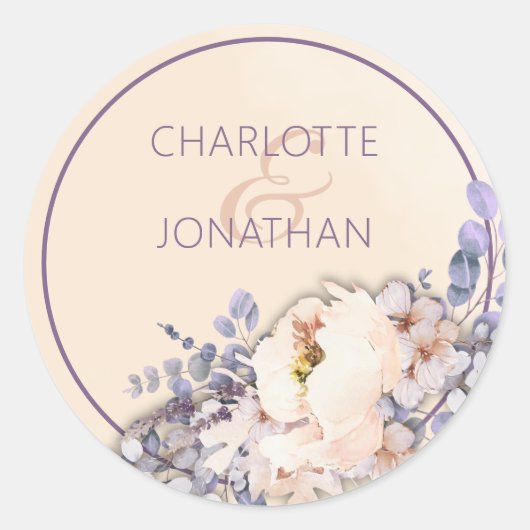 Perzikkleurige bloemenbruiloft stickers (Voorkant)
