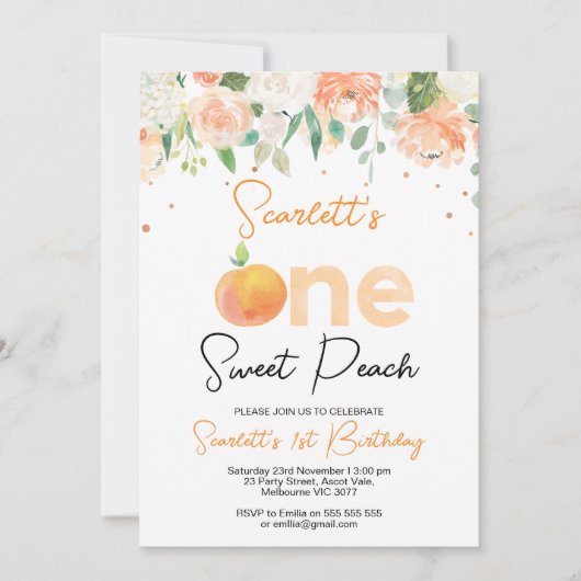 Perzikkleurige bloemenzoete perzik 1e verjaardag kaart (Voorkant)