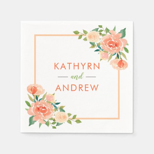 Perzikkleurige bloemrand | Bruiloft Servet (Voorkant)