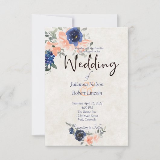 Perzikkleurige en blauwe waterverf florale trouwui kaart (Voorkant)