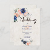 Perzikkleurige en blauwe waterverf florale trouwui kaart (Voorkant / Achterkant)