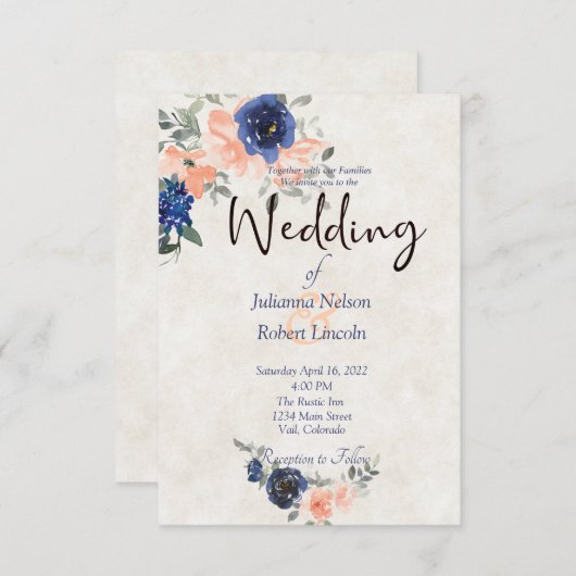 Perzikkleurige en blauwe waterverf florale trouwui kaart (Voorkant / Achterkant)