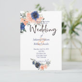 Perzikkleurige en blauwe waterverf florale trouwui kaart (Staand voorkant)
