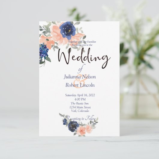 Perzikkleurige en blauwe waterverf florale trouwui kaart (Staand voorkant)