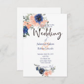 Perzikkleurige en blauwe waterverf florale trouwui kaart (Voorkant / Achterkant)