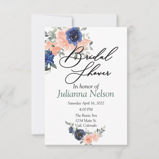 Perzikkleurige en blauwe waterverf florale uitnodi kaart (Voorkant)