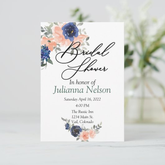 Perzikkleurige en blauwe waterverf florale uitnodi kaart (Staand voorkant)