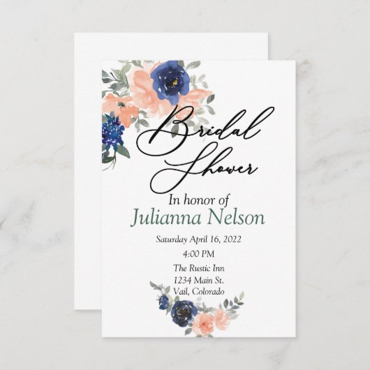 Perzikkleurige en blauwe waterverf florale uitnodi kaart (Voorkant / Achterkant)