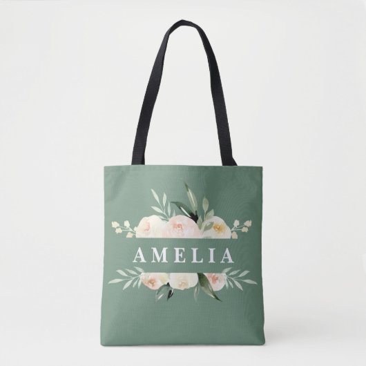 Perzikkleurige en groene waterverf florale en foli tote bag (Voorkant)