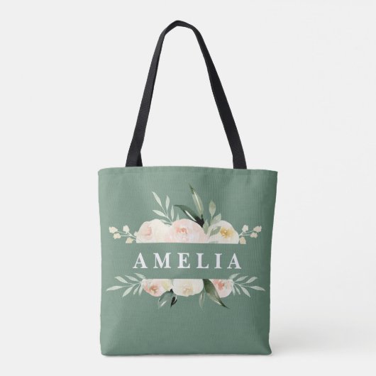Perzikkleurige en groene waterverf florale en foli tote bag (Achterkant)