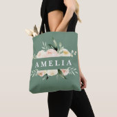Perzikkleurige en groene waterverf florale en foli tote bag (Dichtbij)