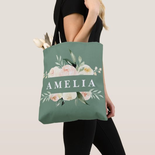 Perzikkleurige en groene waterverf florale en foli tote bag (Dichtbij)