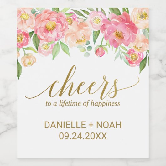 Perzikkleurige en roze pony "Cheers" Wedding Wine Wijn Etiket (Enkel label)