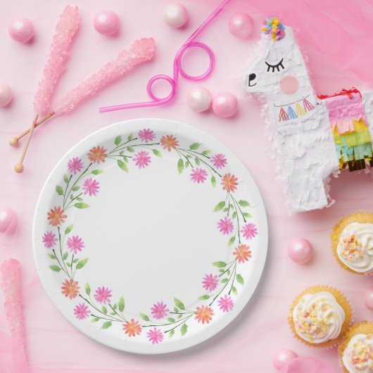 Perzikkleurige en roze Waterverf Daisies Wreate Papieren Bordje (Feest)