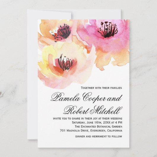 Perzikkleurige en roze Waterverf Floral Wedding Kaart (Voorkant)