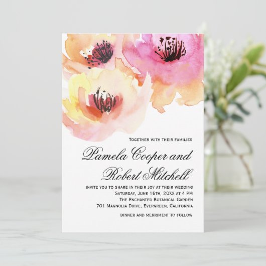 Perzikkleurige en roze Waterverf Floral Wedding Kaart (Staand voorkant)