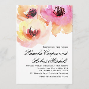 Perzikkleurige en roze Waterverf Floral Wedding Kaart