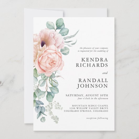 Perzikkleurige en roze Waterverf Floral Wedding Kaart (Voorkant)