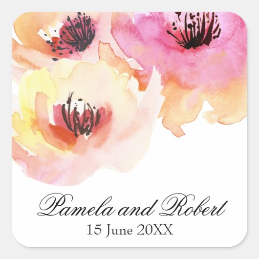 Perzikkleurige en roze Waterverf Floral Wedding Vierkante Sticker (Voorkant)