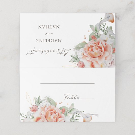 Perzikkleurige en witte Floral Wedding Place Cards Plaatskaartje (Buitenkant ongevouwen)